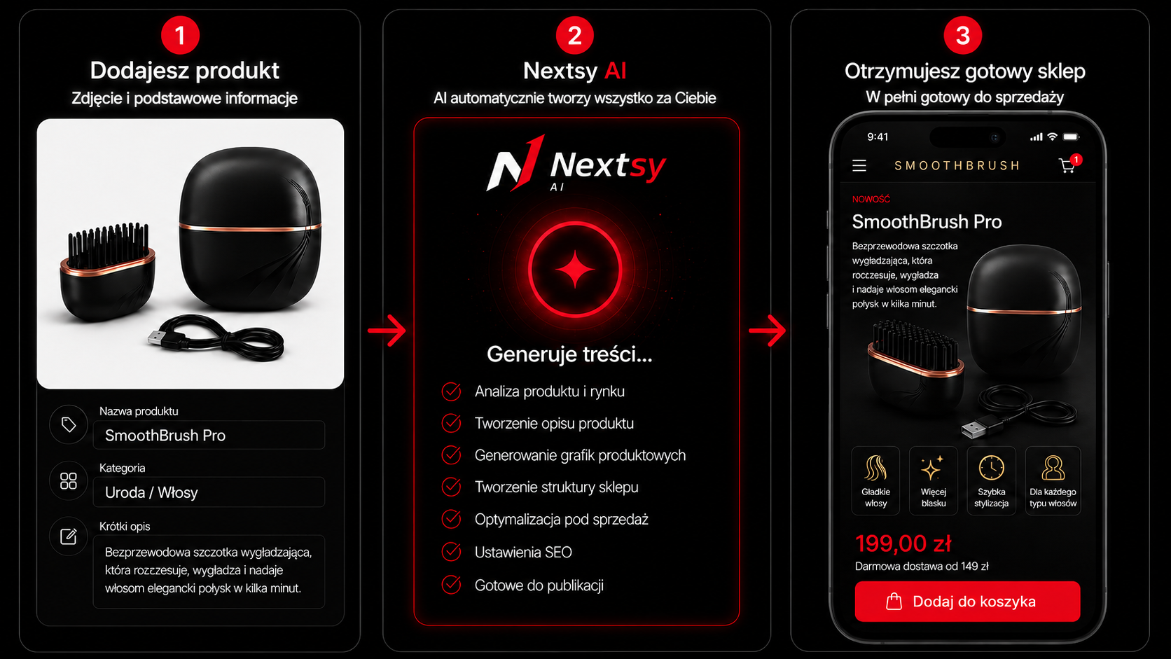 Jak działa Nextsy AI — 3 kroki: dodajesz produkt, AI generuje, gotowy sklep