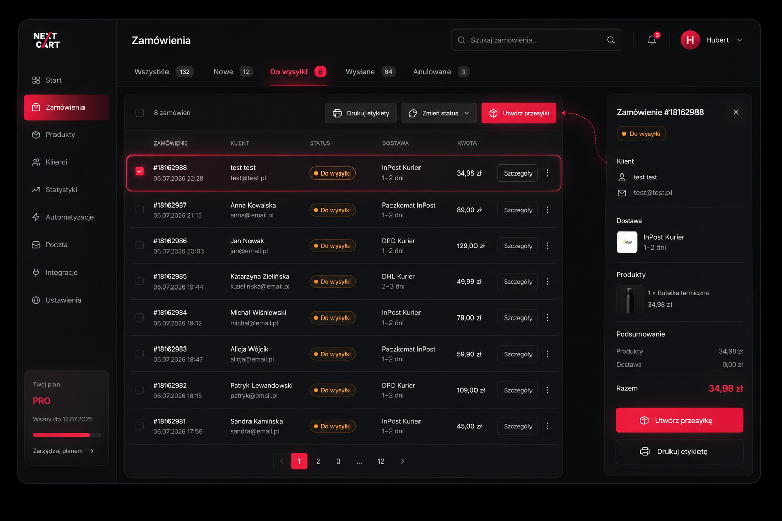 Panel zamówień i wysyłek Next Cart